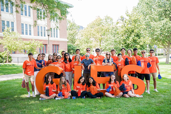 Gies Business Students with Dean Elliott in Front of Large Gies Letters Gies Business Students with Dean Elliott in Front of Large Gies Letters